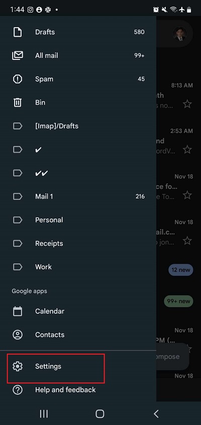 Gmail settings button