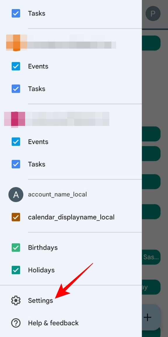 Google Calendar Settings on Phone app