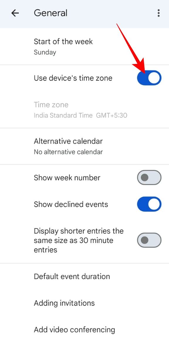 Google Calendar app General settings