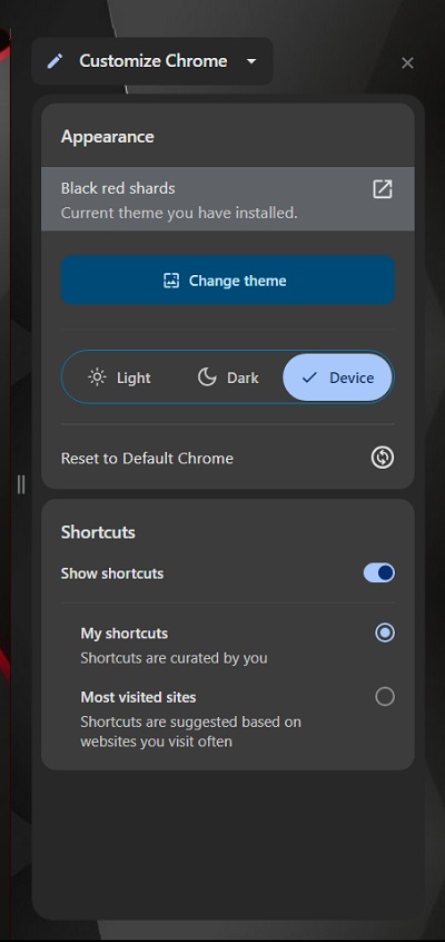 Google Chrome new customization settings