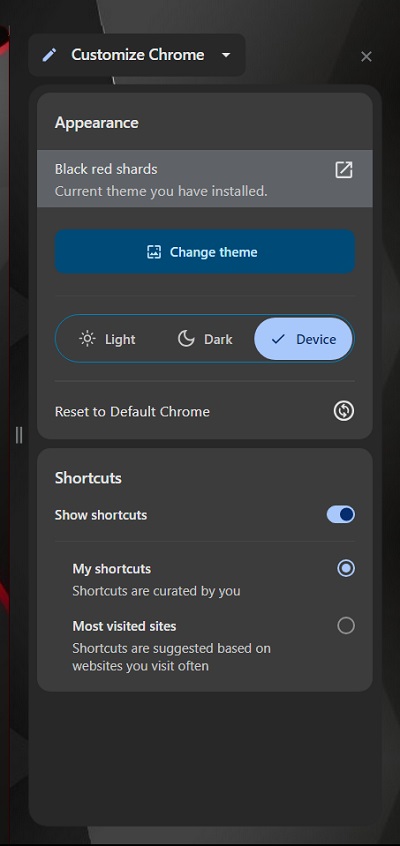 Google Chrome new customization settings