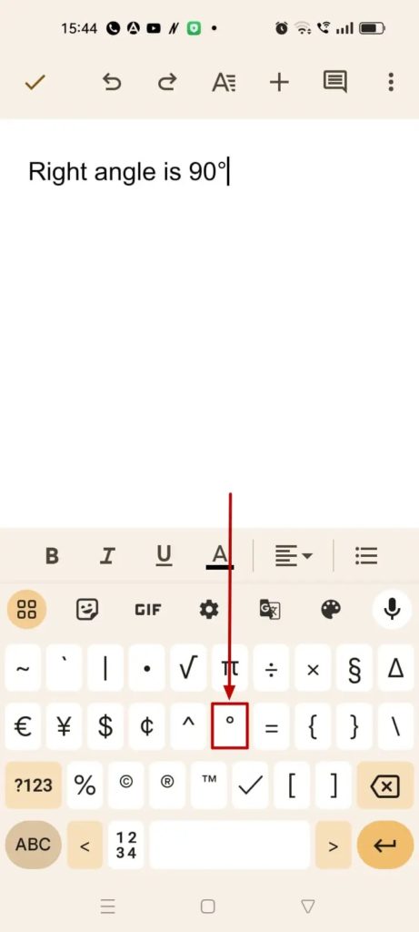 Google Docs Degree Symbol Android