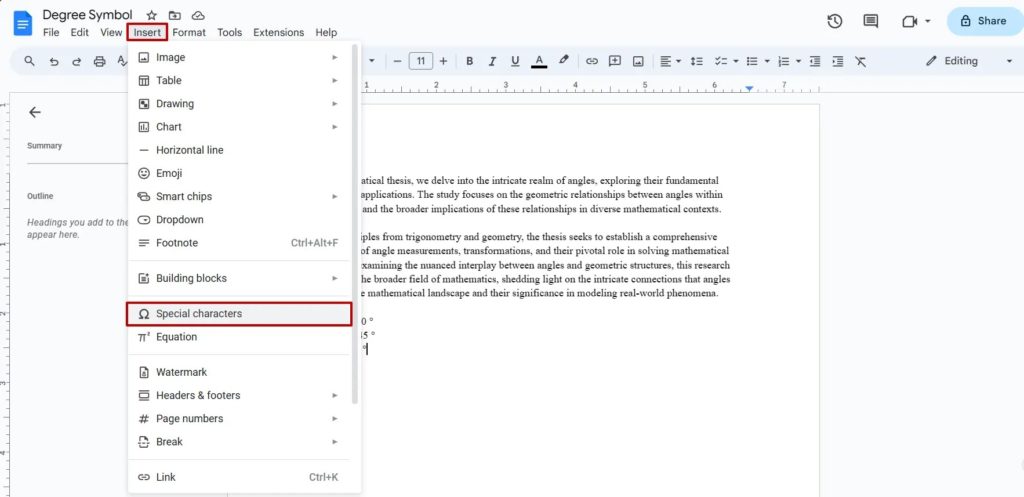 Google Docs Insert Special Characters Menu