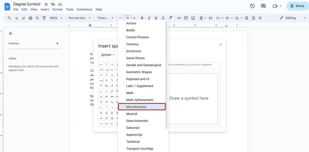 Google Docs Misc Special Characters