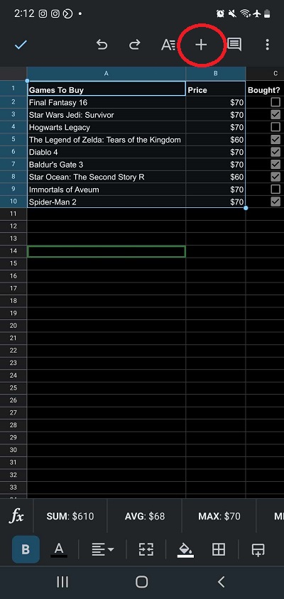 Google Sheets Mobile app tapping plus icon
