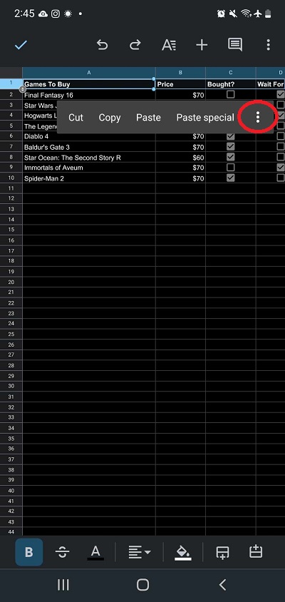 Google Sheets mobile three-dot icon location