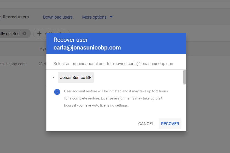 Google Workspace Account Recovery process last step