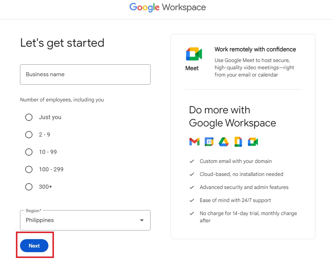 Google Workspace sign up page