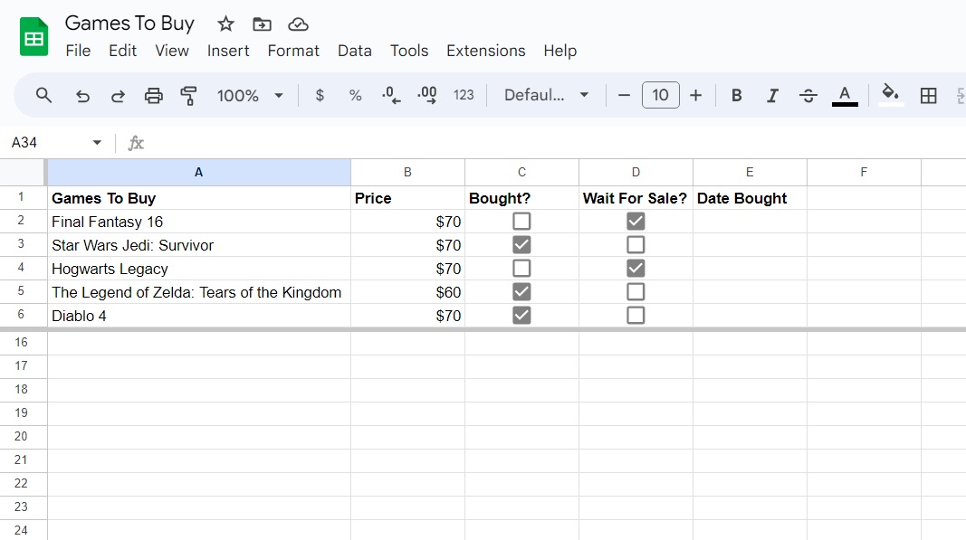 Image of rows that are frozen in Google Sheets