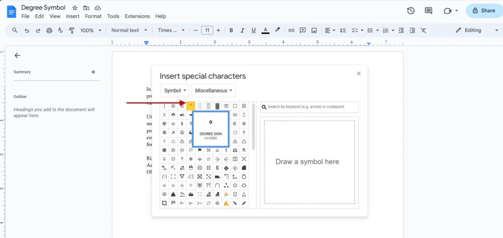 Insert Special Character Degree Google Docs