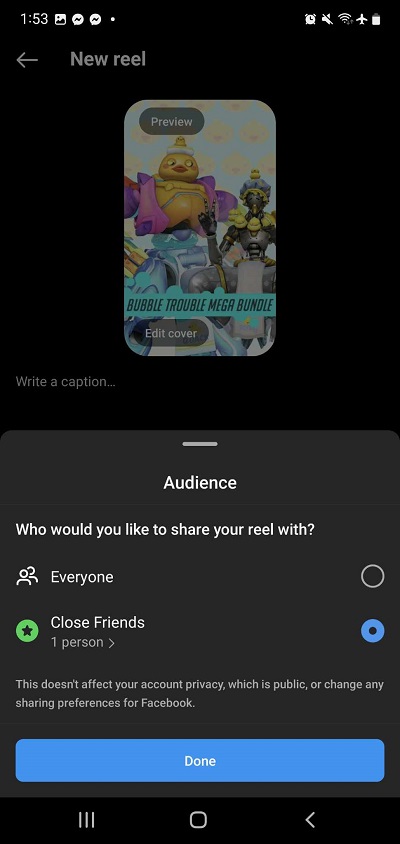 Instagram reels selecting close friends as audience