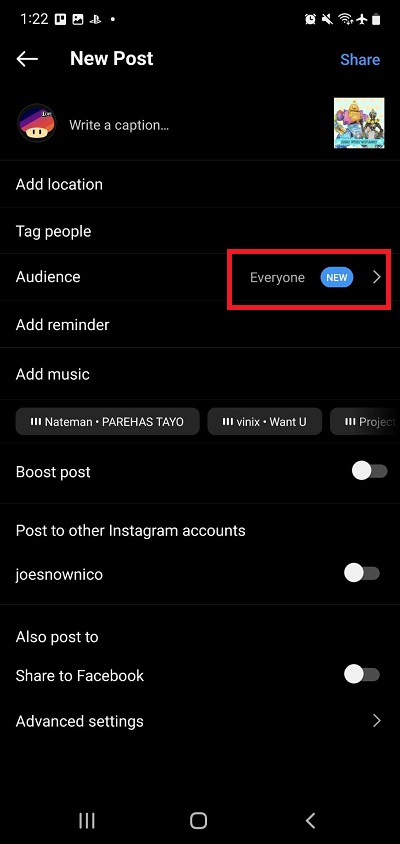 Location of Audience option on Instagram post