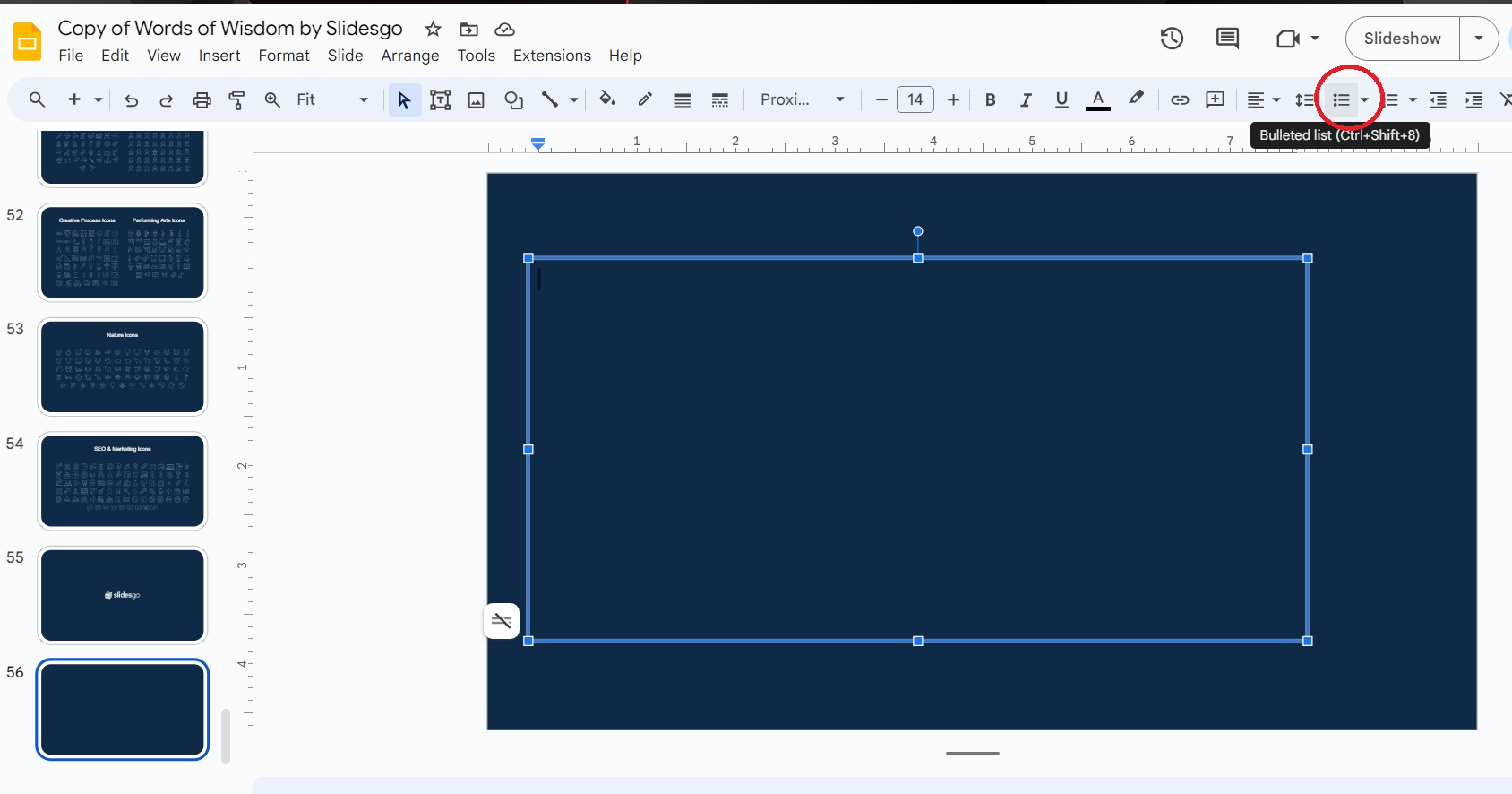 Location of bulleted list icon in Google Slides