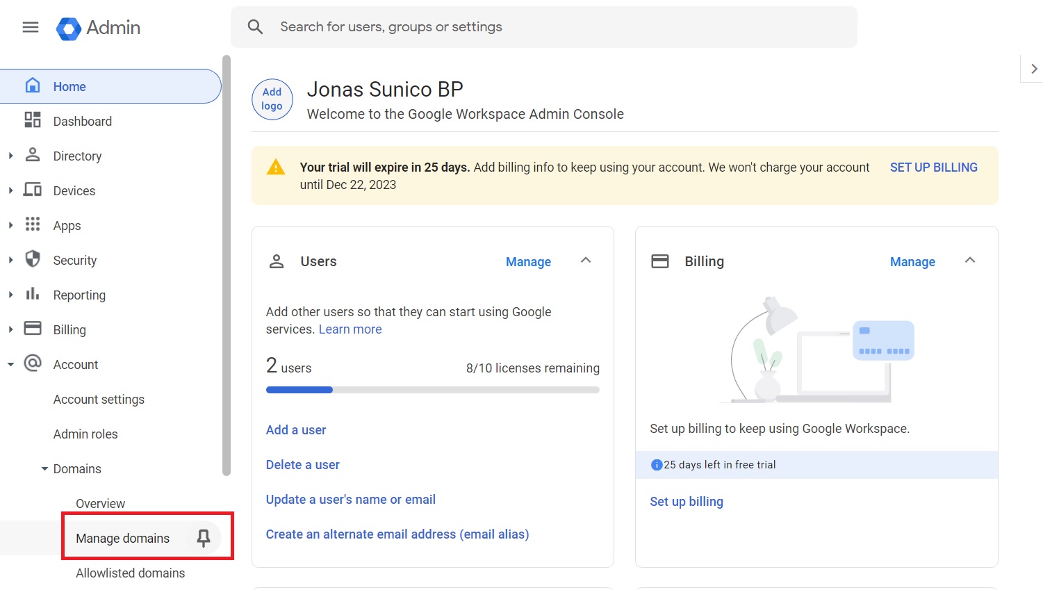 Manage domains setting in Google Admin Console