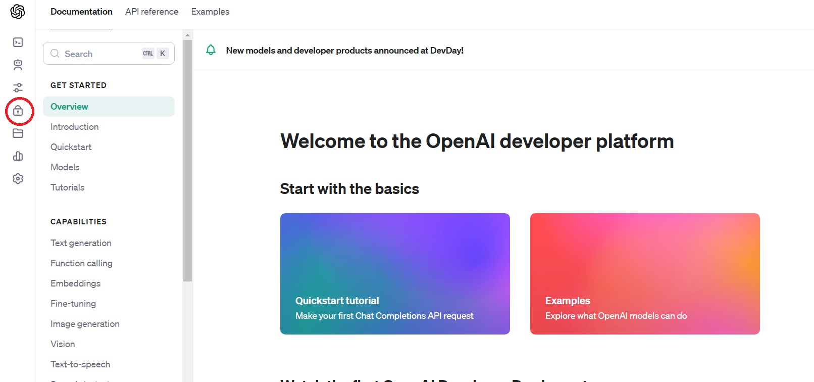Open AI API keys icon in home page