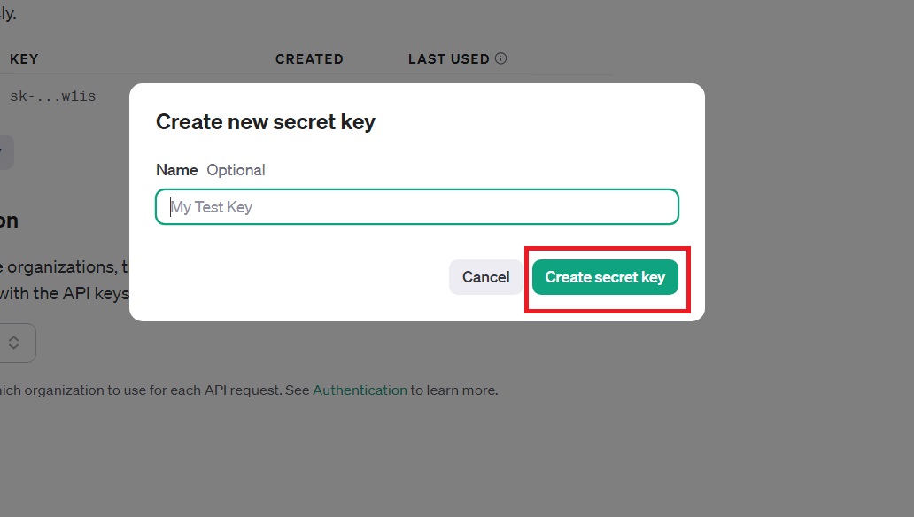 Open AI Create Key button on website