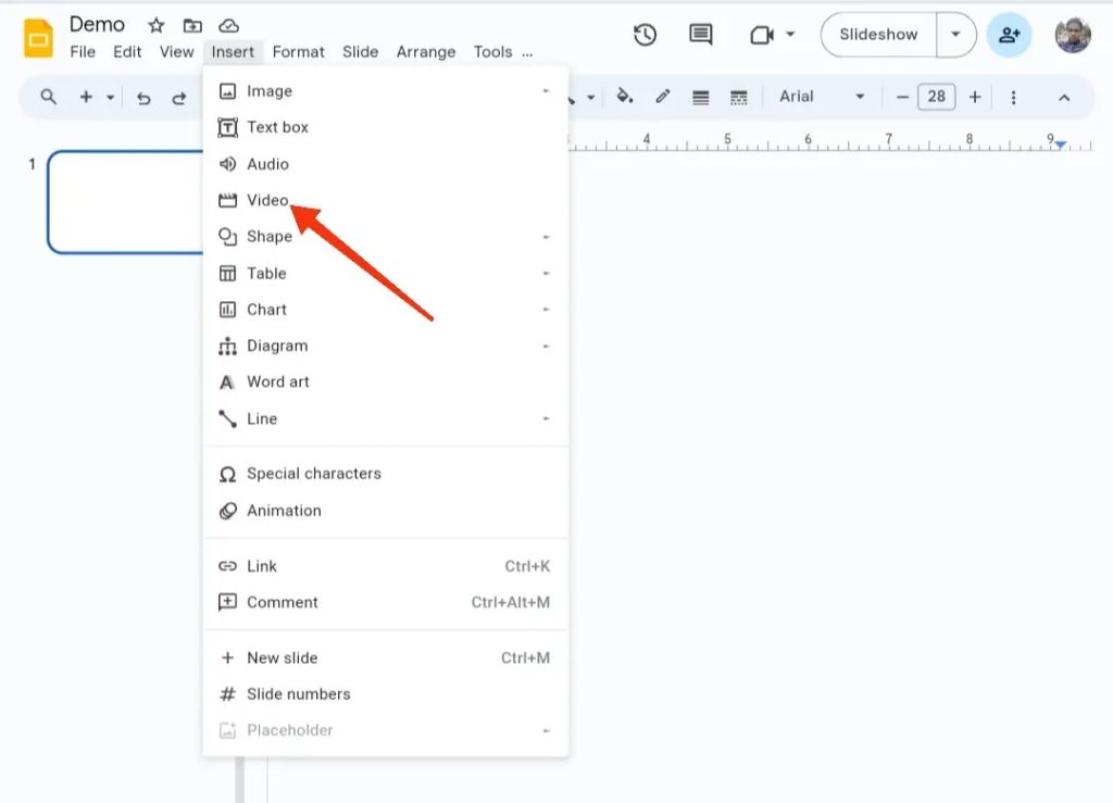 Open Video Menu in Google Slide