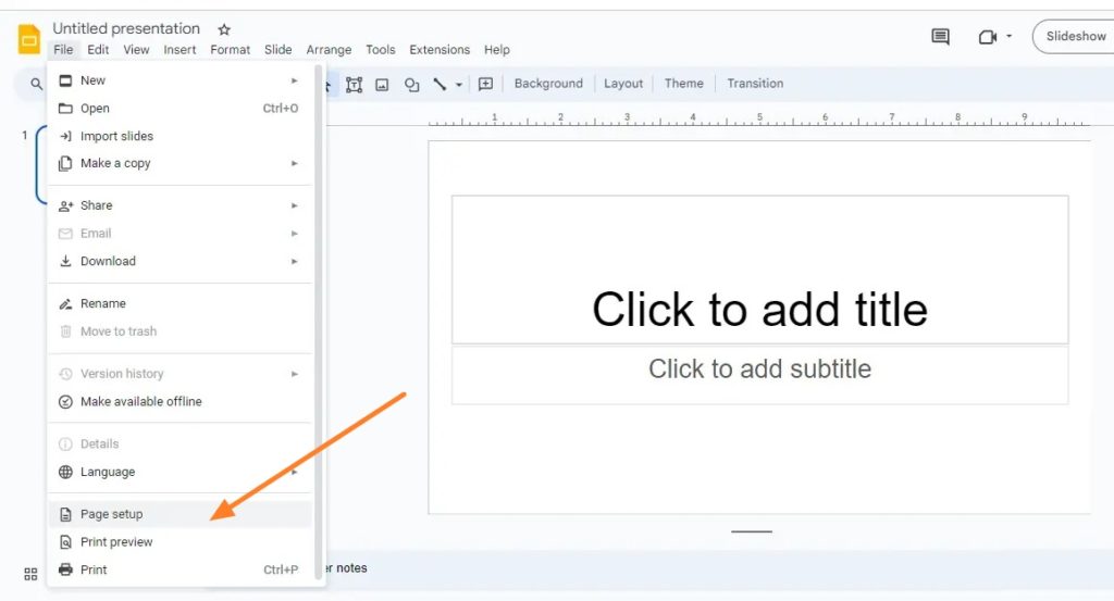Page Setup Menu Google Slides