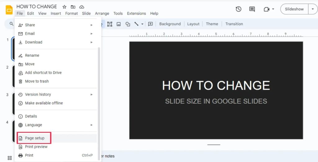Page Setup Option Under File Menu Google Slides
