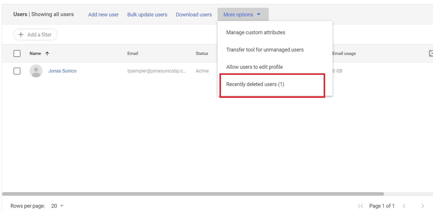 Recently deleted users button on Google Admin Console