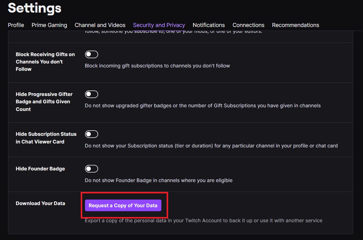 Request a copy of your data button on Twitch