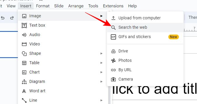 Search the web option on Google Slides
