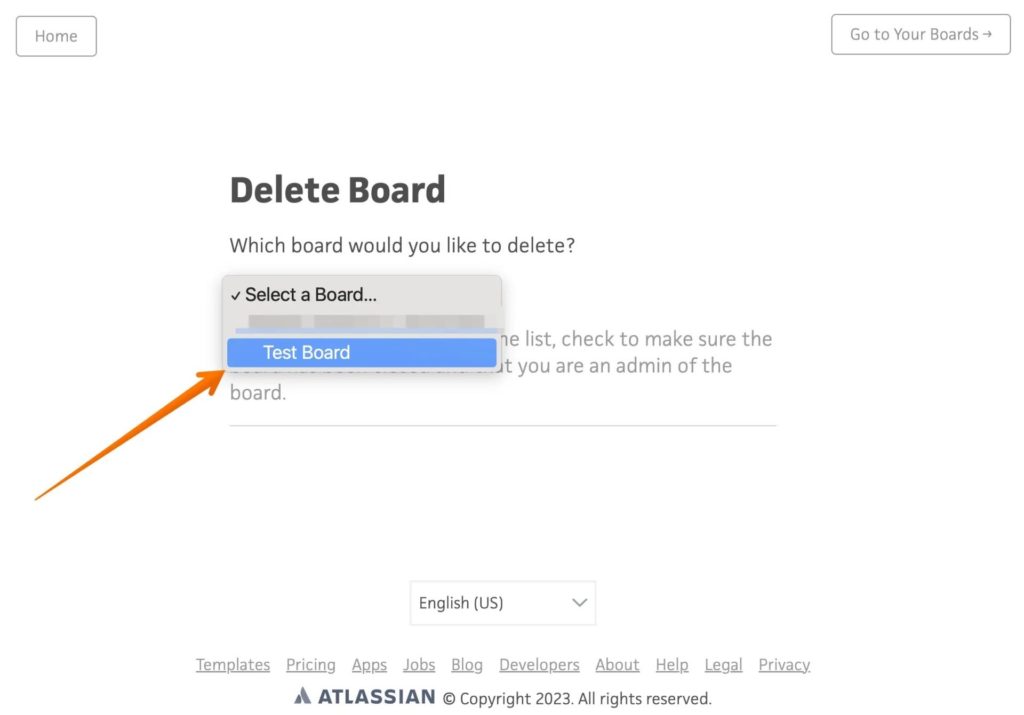 Select Test Board on Trello To Delete