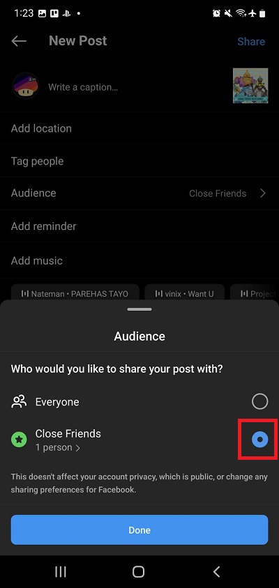 Selecting Close Friends as Audience on Instagram