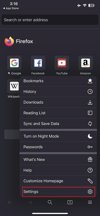Settings button on iOS Firefox