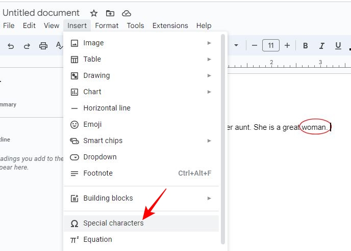 Special characters option in Insert section