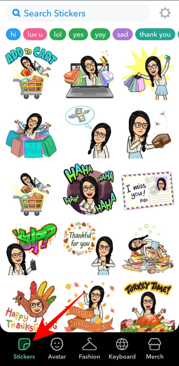 Stickers in Bitmoji app