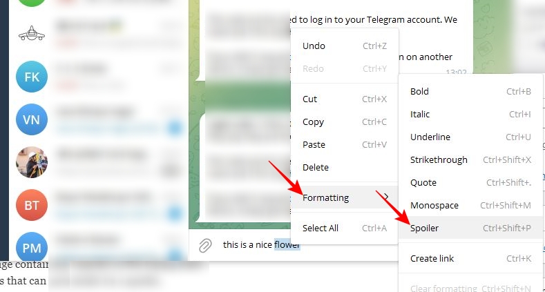 Telegram desktop app formatting option
