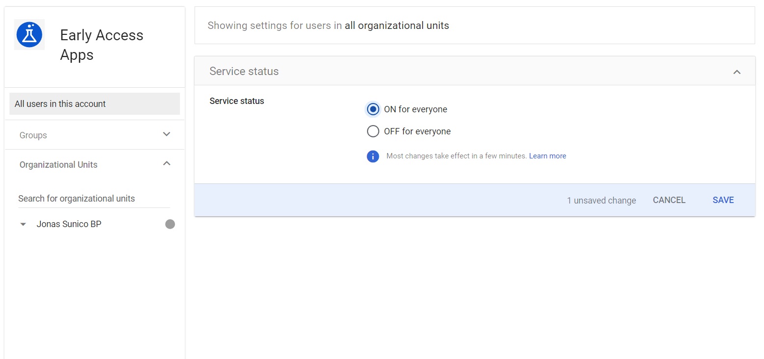 Turning on Early Access Apps for users in Google Workspace