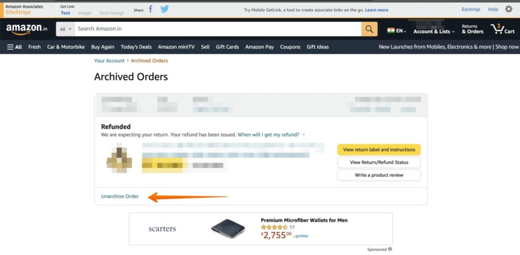 Unarchive Order in Amazon