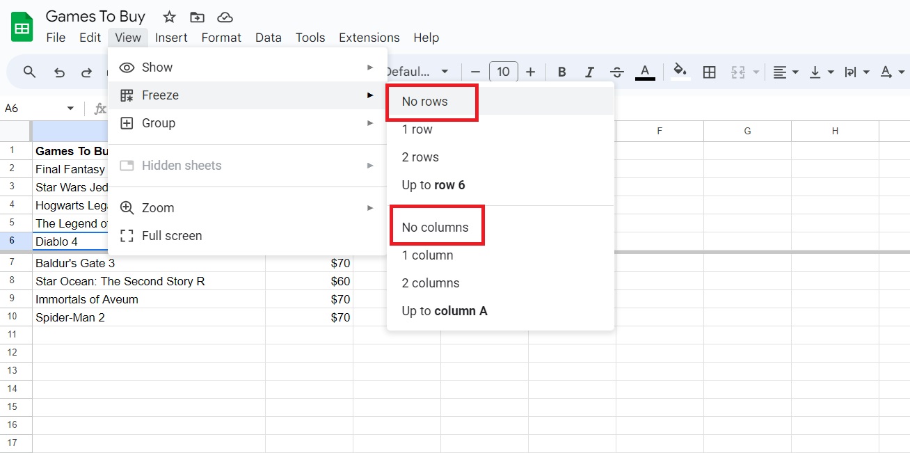 Unfreezing Rows and Columns in Google Sheets
