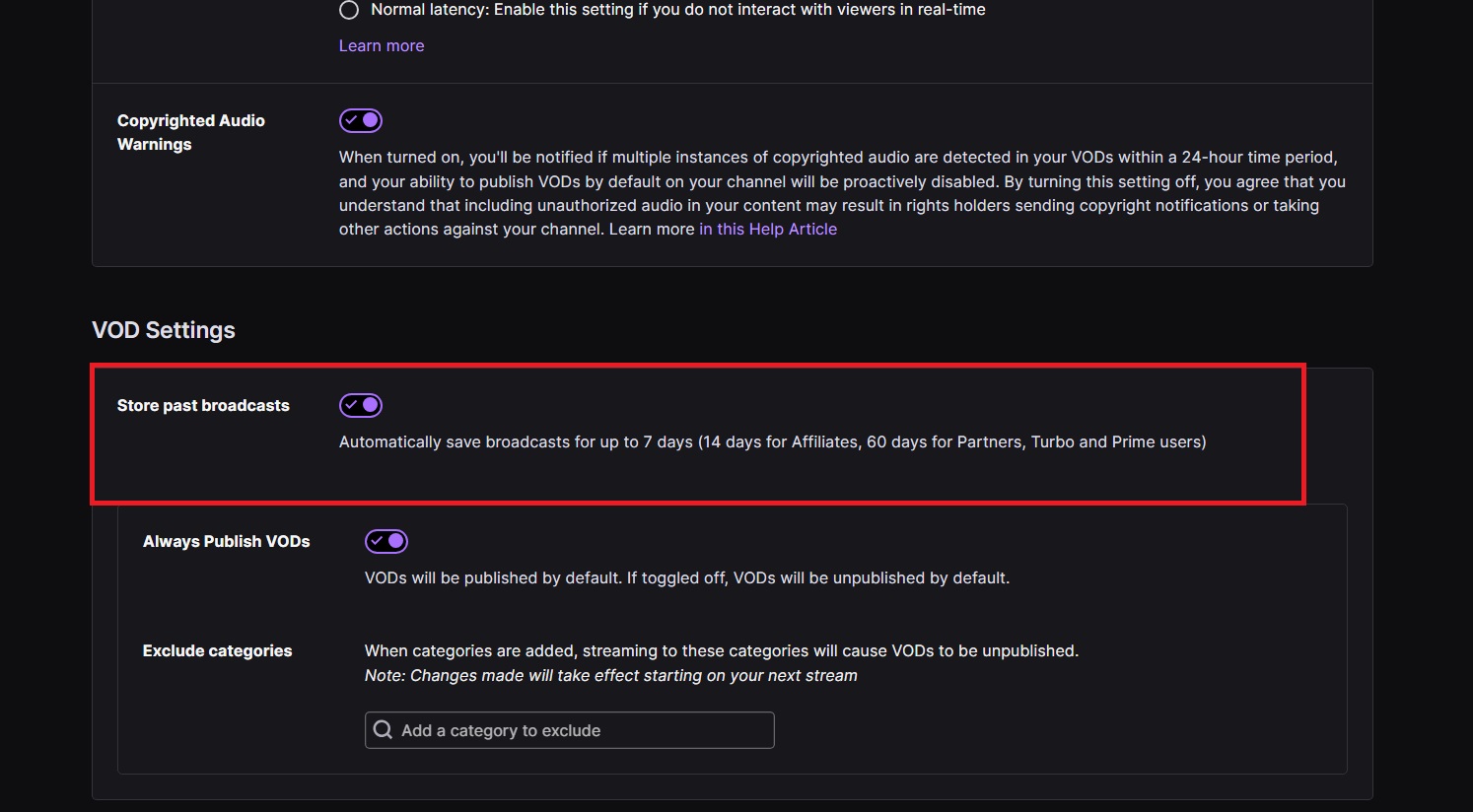 VOD settings on Twitch