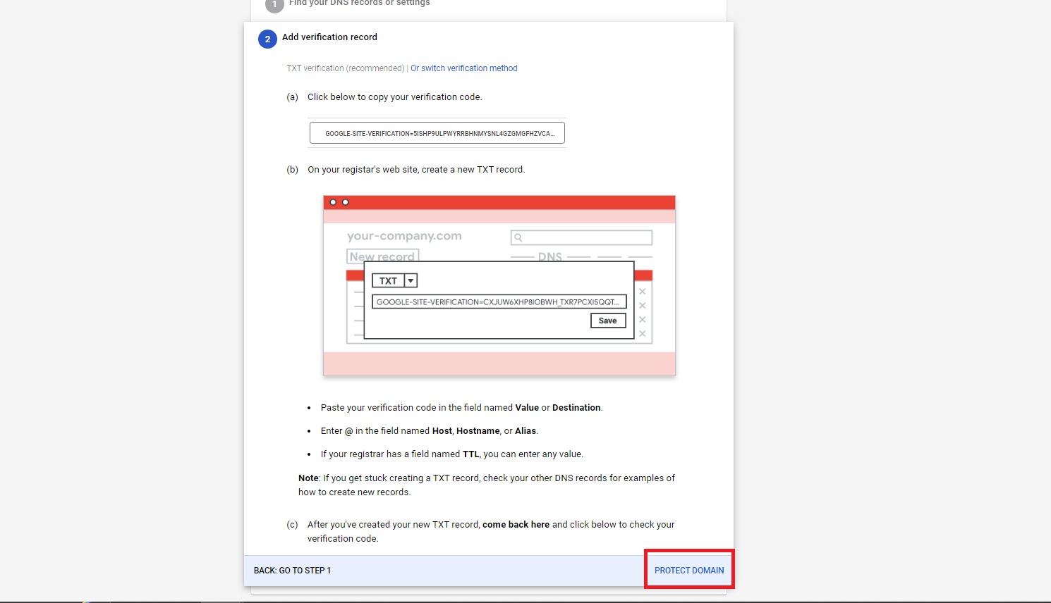 Verifying domain in Google Workspace