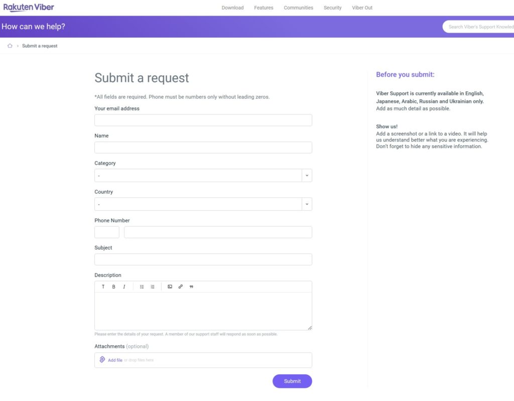 Viber Submit a Request Page