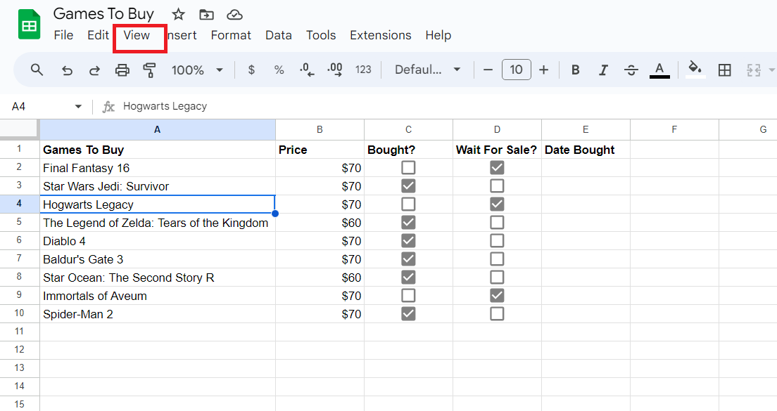 View button in Google Sheets