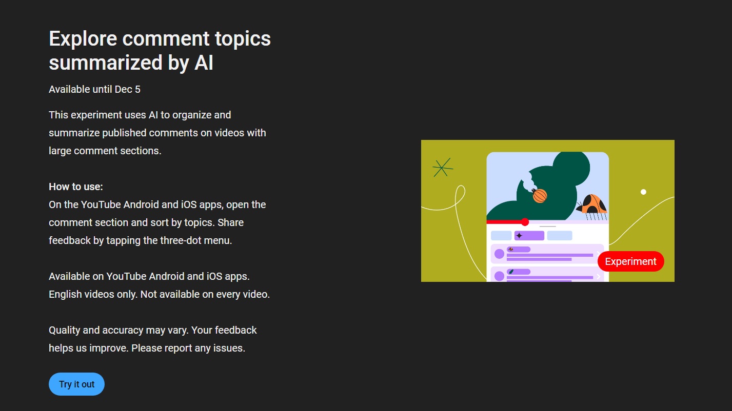 YouTube experimental features