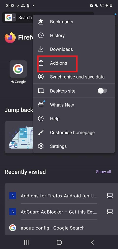 add-ons button on Firefox Android