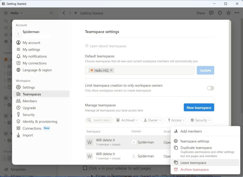 Leave Teamspace Notion