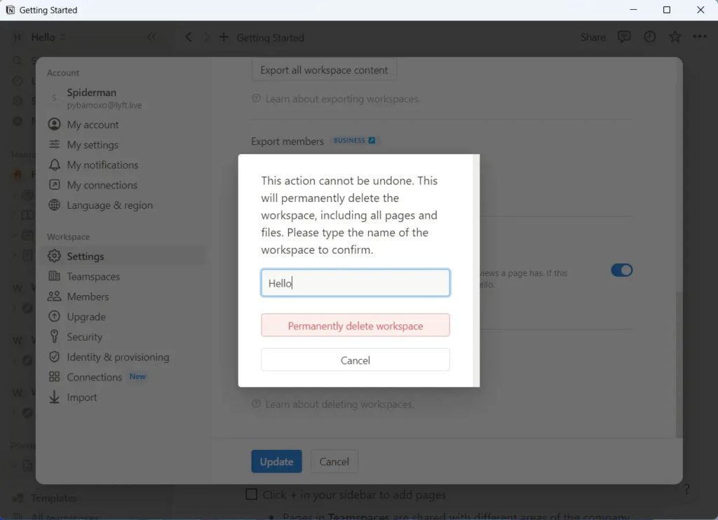 Permanently Delete Workspace Notion