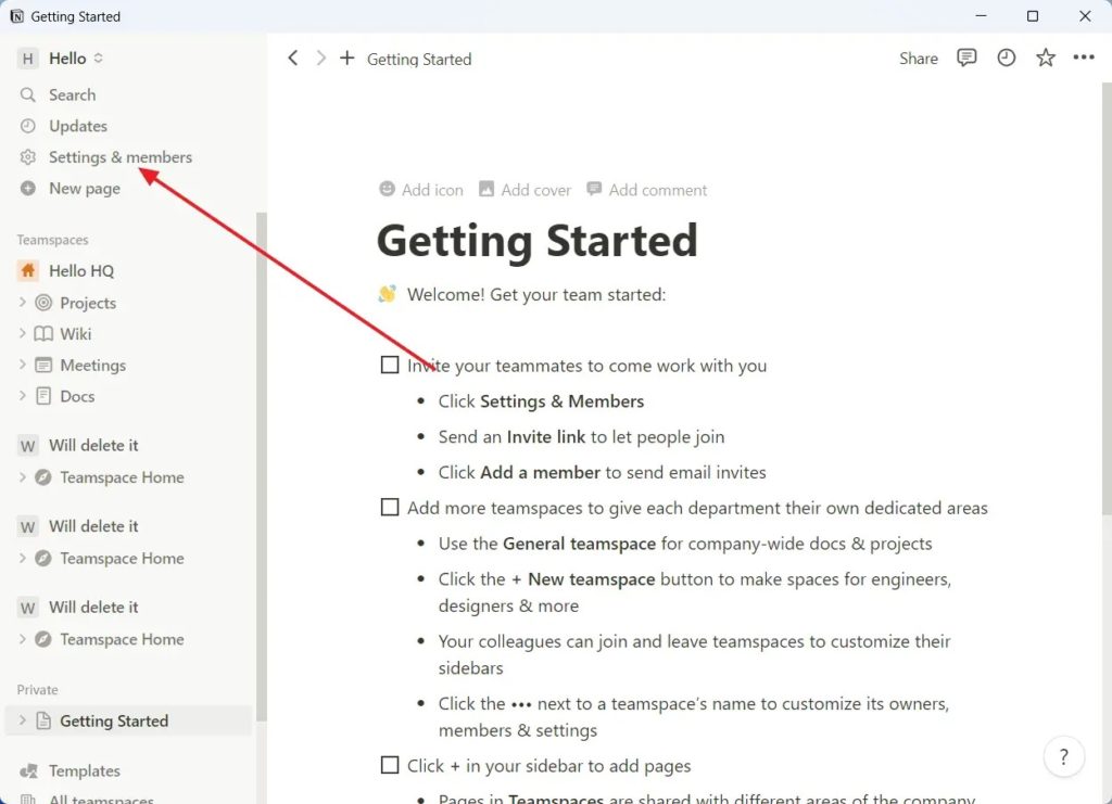 Settings and Members Teamspace Notion