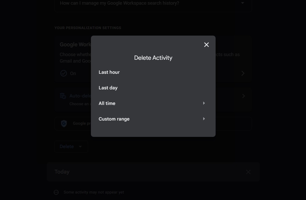 timeframe selection for Google Workspace activity