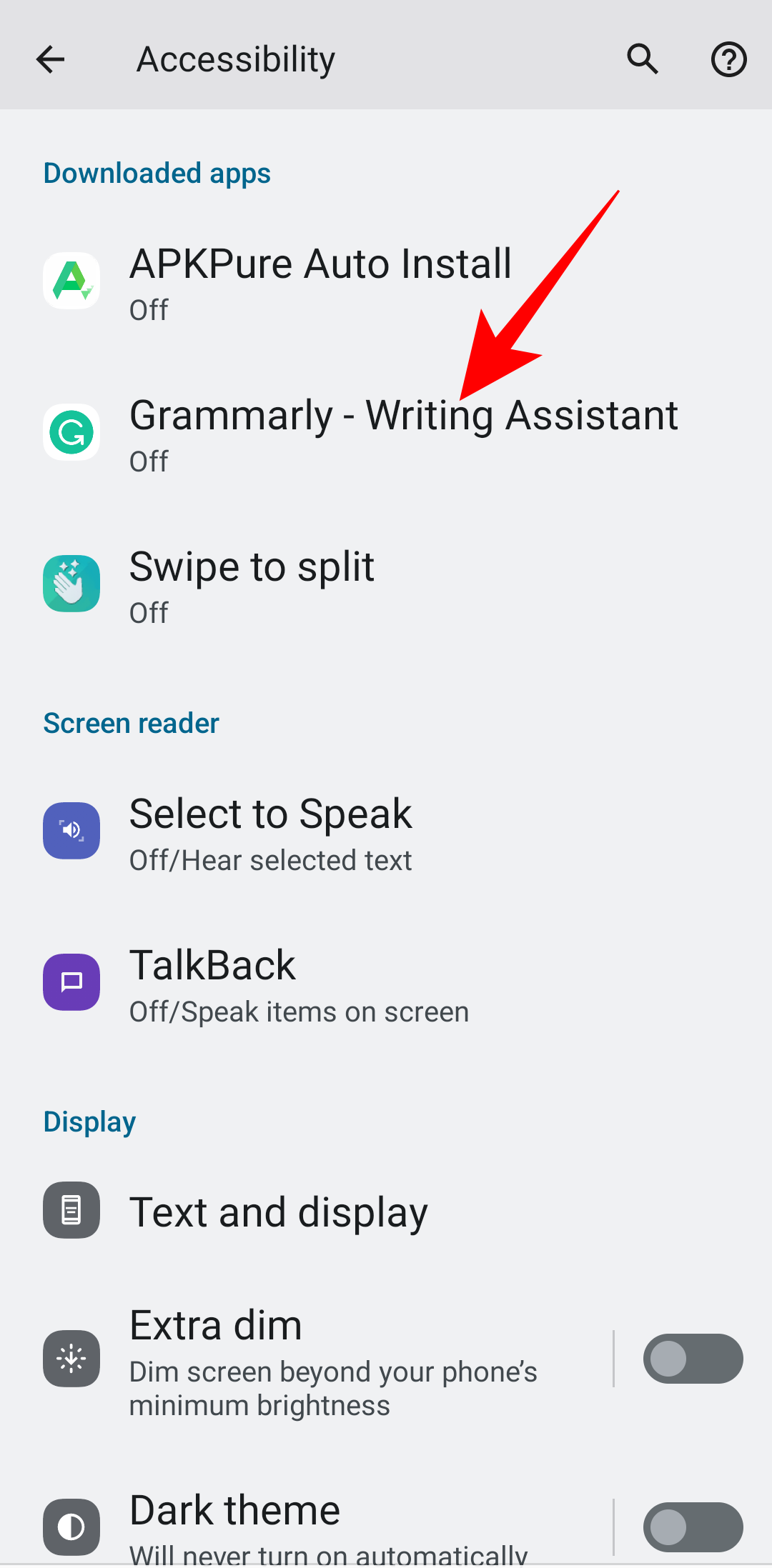 Accessibility menu in Grammarly