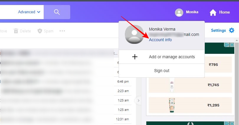 Account info option on Yahoo Mail web version