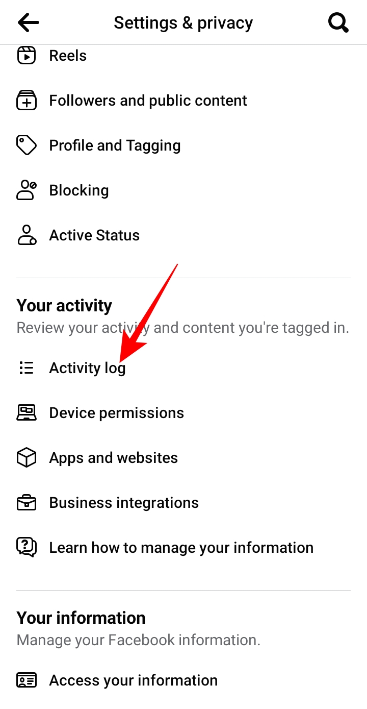 Activity log on Facebook Android app