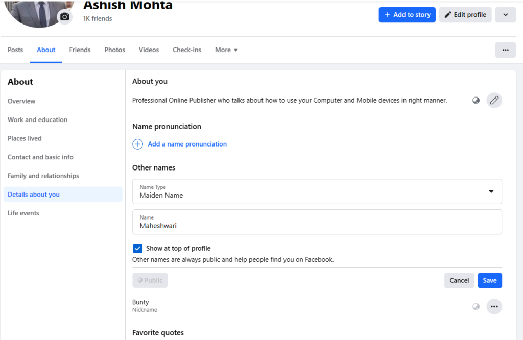 Add Maiden Name to Facebook Profile