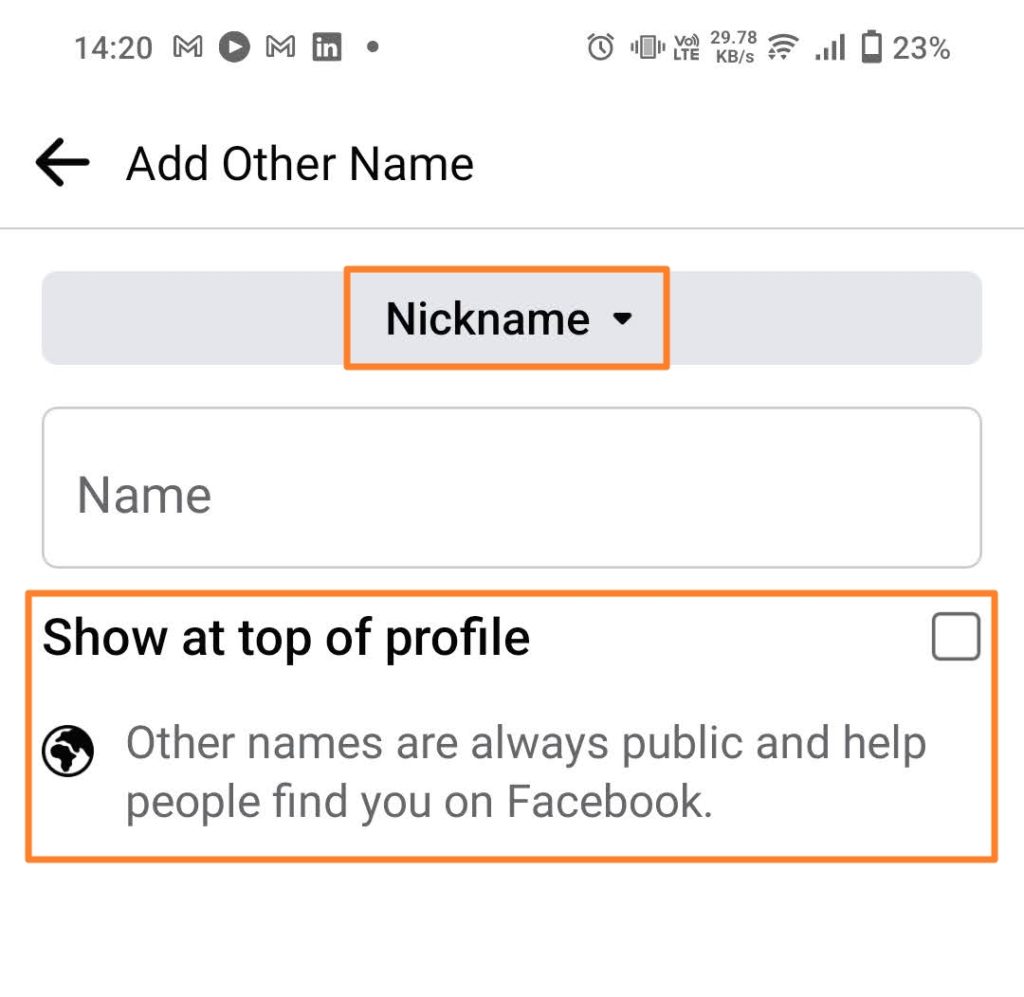 Add Nick Name Facebook Name